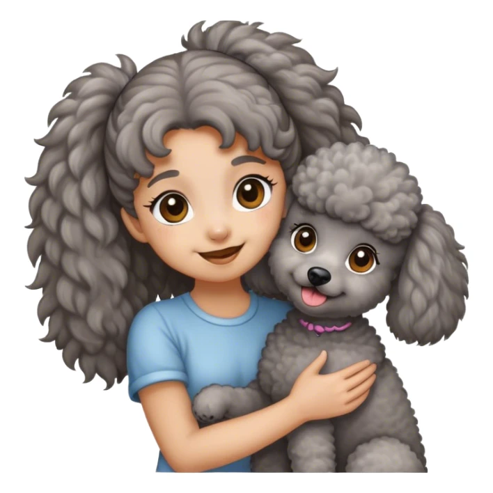 A Grey poodle held by a brown ponytail girl sticker