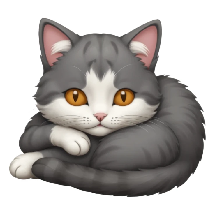 dark grey and white small cat with his eyes closed, leaning his head on his paw while leaning on his elbow lying down sticker