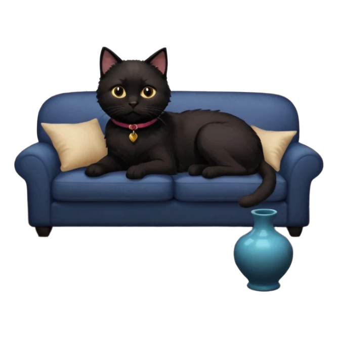schwarze Katze auf dem Sofa mit unschuligem Blick und Hund auf dem Boden vor einer zerbrochenen Vase - Zimmer ist verwüstet, Kissen liegen unten sticker