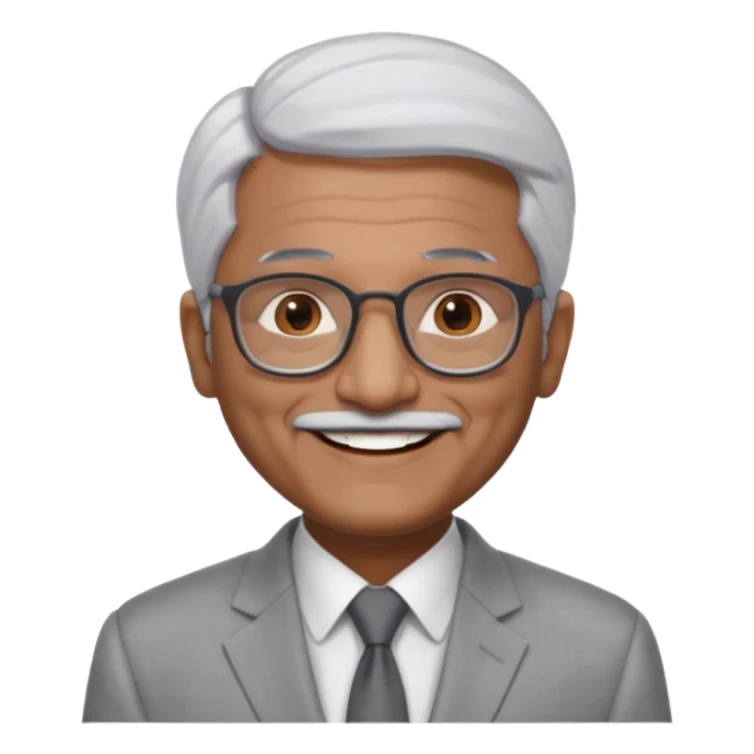 60 yr old indian man, short straight white hair brushed foreward , light grey business suit, big smile, dark brown skin, no moustache, dark brown eyes, glasses
 sticker