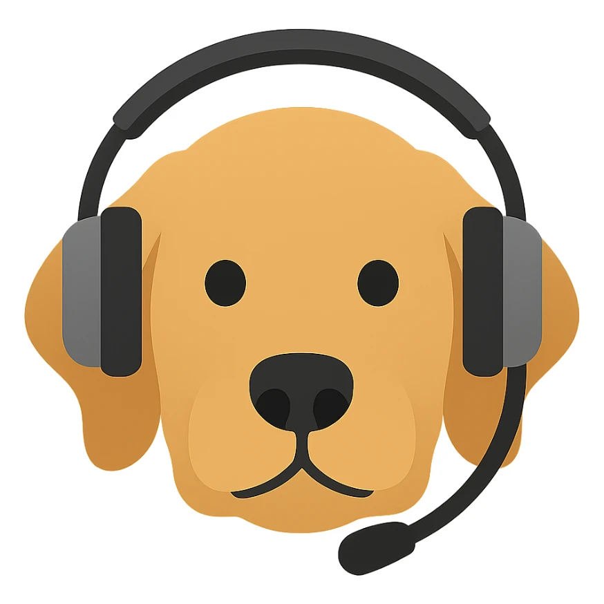 A golden retriever face emoji with a normal, realistic headset, minimal details, and no background. sticker