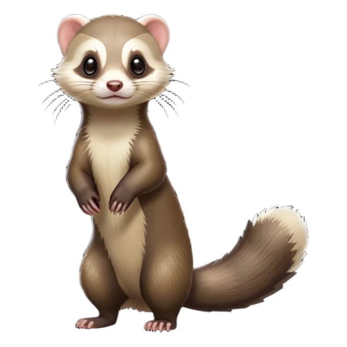 cinematic-[ferret]-realistic-full- long elongated body-standing-emoji,-tiny-paws-tucked-close,-head-tilted-dramatically,-sleek-[sable]-fur,-simplified-yet-realistic-focused-features,-highly-detailed,-glowing-with-an-almost-sarcastic-glow sticker