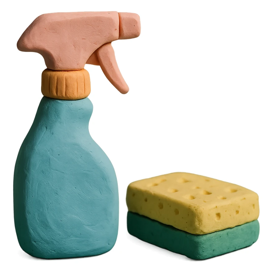 spray bottle and sponge in claymation style, pastel colors, visible fingerprints sticker