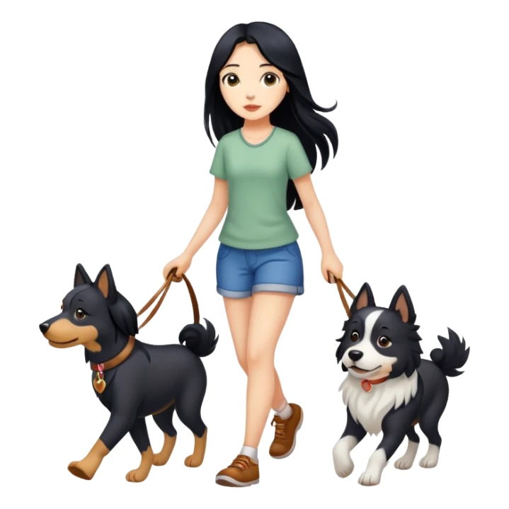 A girl with long black hair walking with three dogs sticker