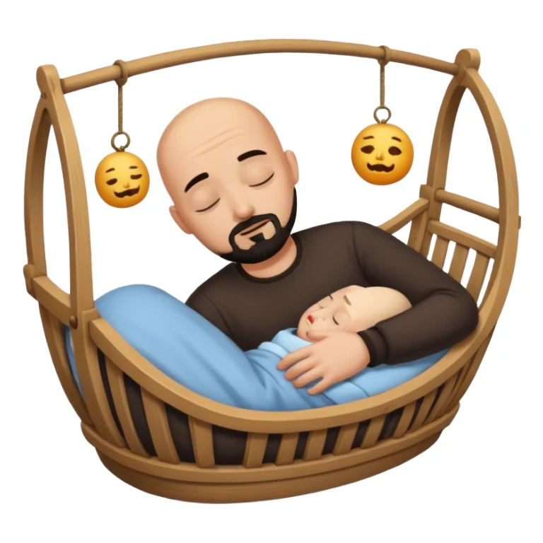 a man who is tan and bald with a black goatee sleeping in a cradle sticker