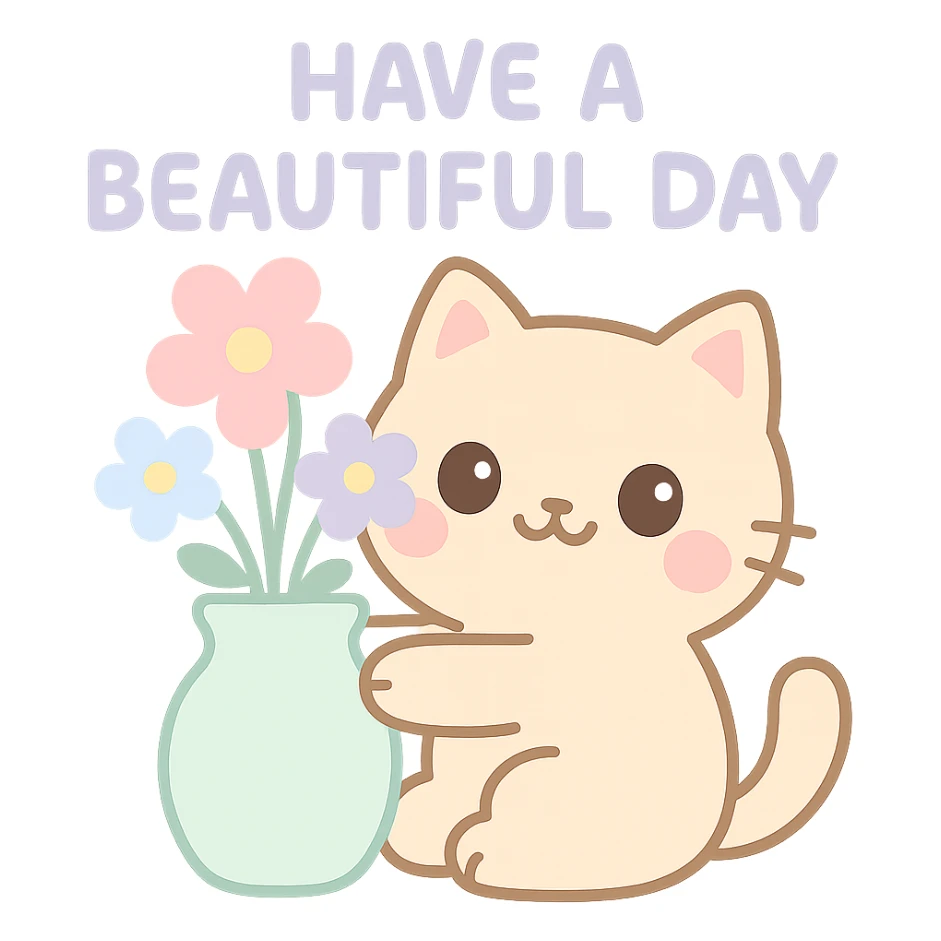 A happy cat hugging a vase with blooming flowers, with the text "Have a Beautiful Day". The overall mood should be joyful and bright. sticker
