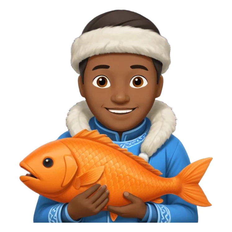 inuit man with traditional inuit clothes and orange fish sticker