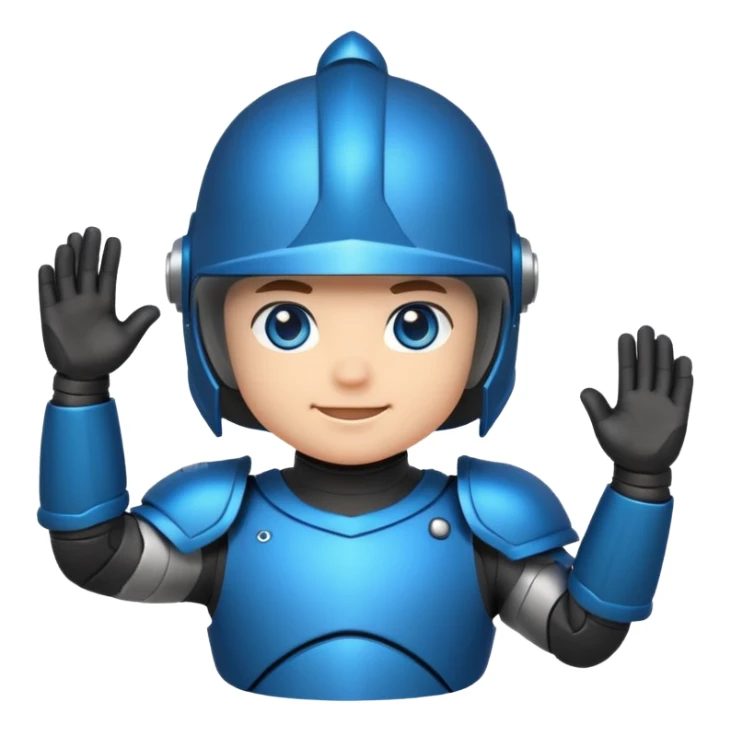 "Cute chibi-style armored hero sticker, oversized helmet, small body, glowing blue eyes, friendly waving pose, bold outlines, saturated colors, isolated on a plain white background, 2D cartoon style." sticker