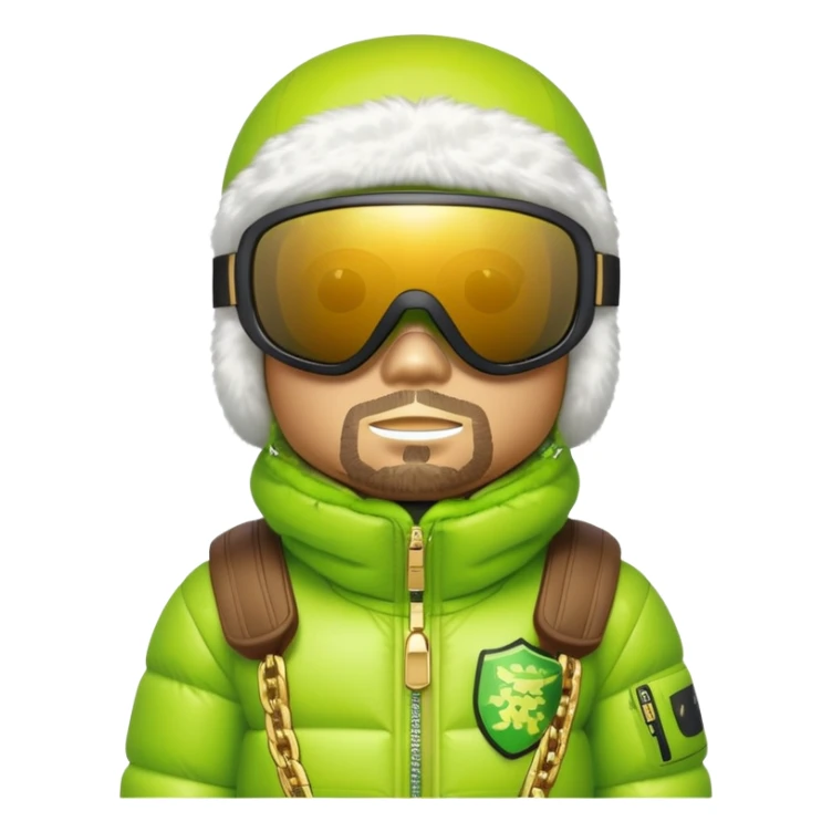 bearbrick wearing lime green balaclava with graffiti logos, futuristic shield visor sunglasses with single panoramic lens like ski goggles covering upper face, puffy fur jacket, gold chains sticker