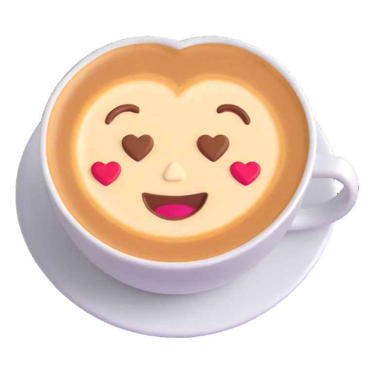 3D emoji style espresso cup with heart-shaped latte art, cheerful expression sticker
