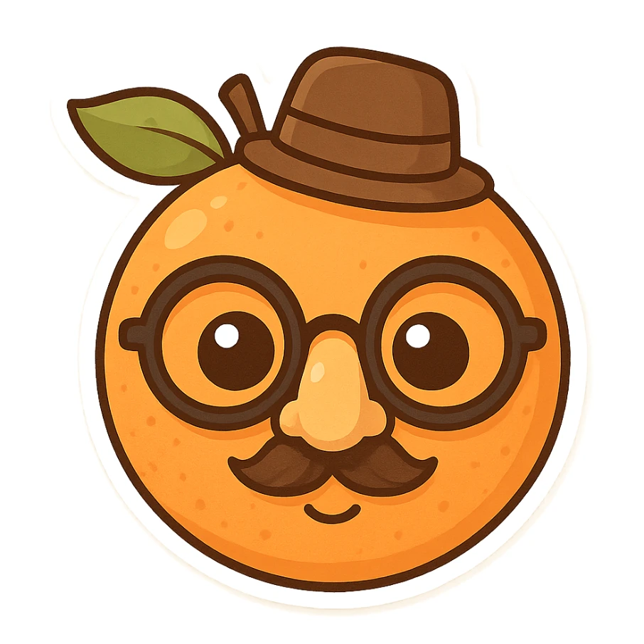 an orange fruit cleverly hiding in disguise, playful and whimsical style sticker