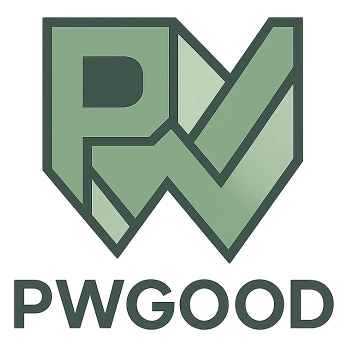 geometric logo for 'pwgood' with stylized 'pw' monogram, green and gray palette sticker