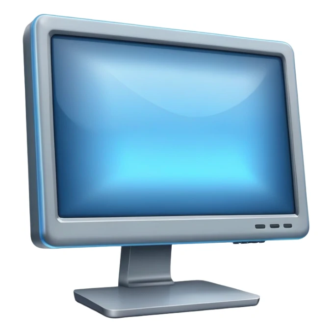 old grey computer monitor with a blue glowy screen, side angle sticker