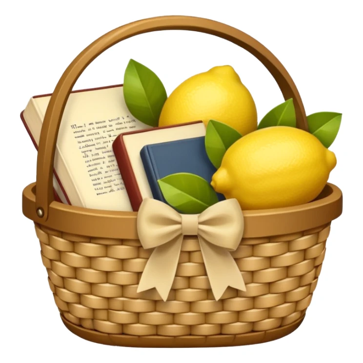 Basket with a beige bow and books and lemons sticker
