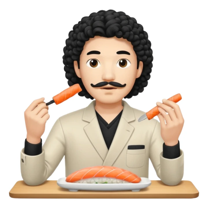 un coreano che taglia sushi con i baffetti capelli ricci e lunghi  neri con un IQOS in mano  sticker