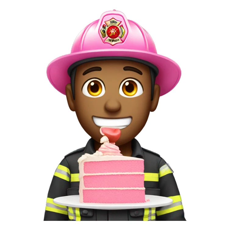 White male Firefighter eating pink birthday cake sticker