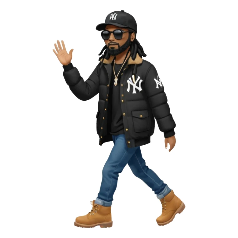 African American man with shoulder length black dreadlocks with black beard wearing black sunglasses wearing a black New York Yankees logo baseball cap wearing a black bubble winter coat with denim skinny jeans and timberland boots walking with hand up sticker