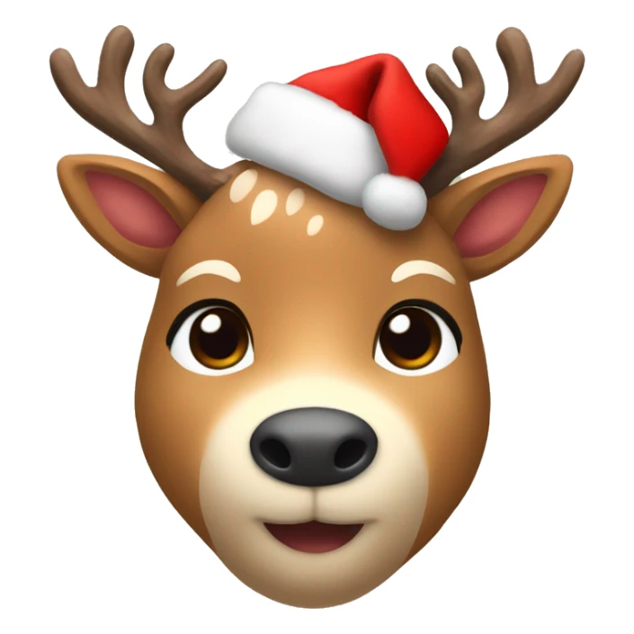 Create a cute deer emoji with soft brown fur, big kind eyes and horns. A red Christmas hat or a wreath of fir branches can be on the head to create a festive image sticker