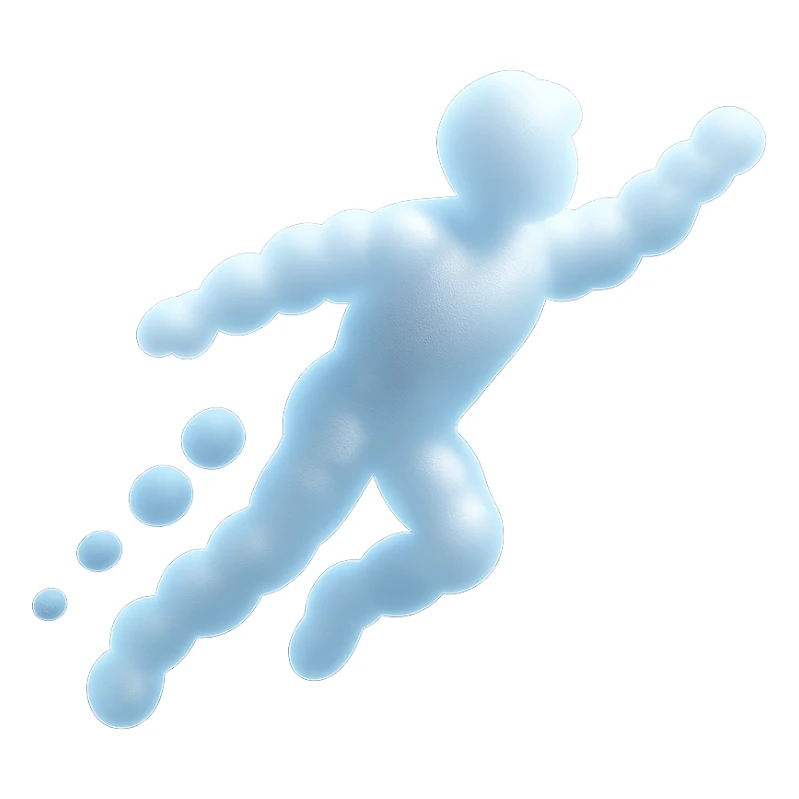 a person flying, fully composed of small very bright white fluffy convex clouds, very brightened, matte glass style sticker