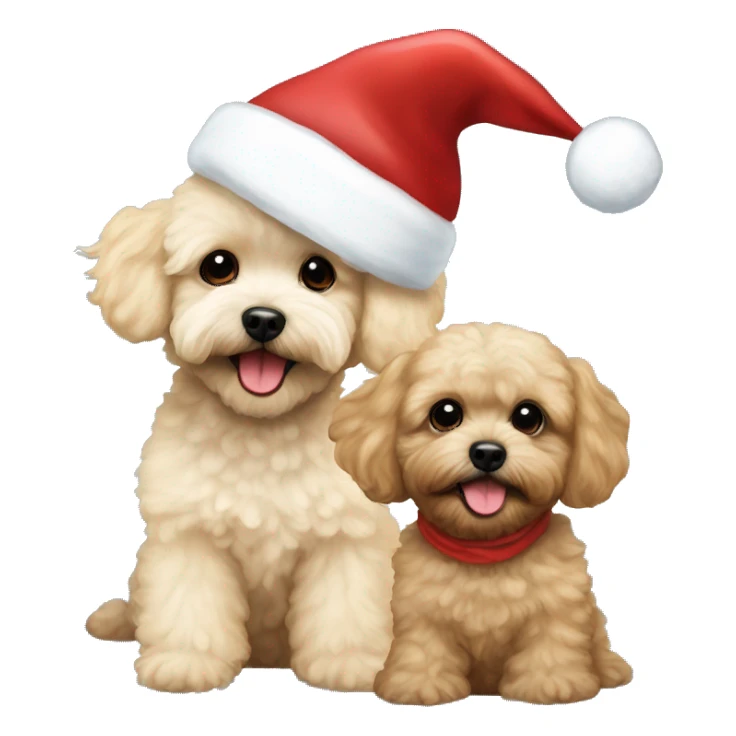 one dark maltipoo and one blonde maltipoo wearing santa hat sticker