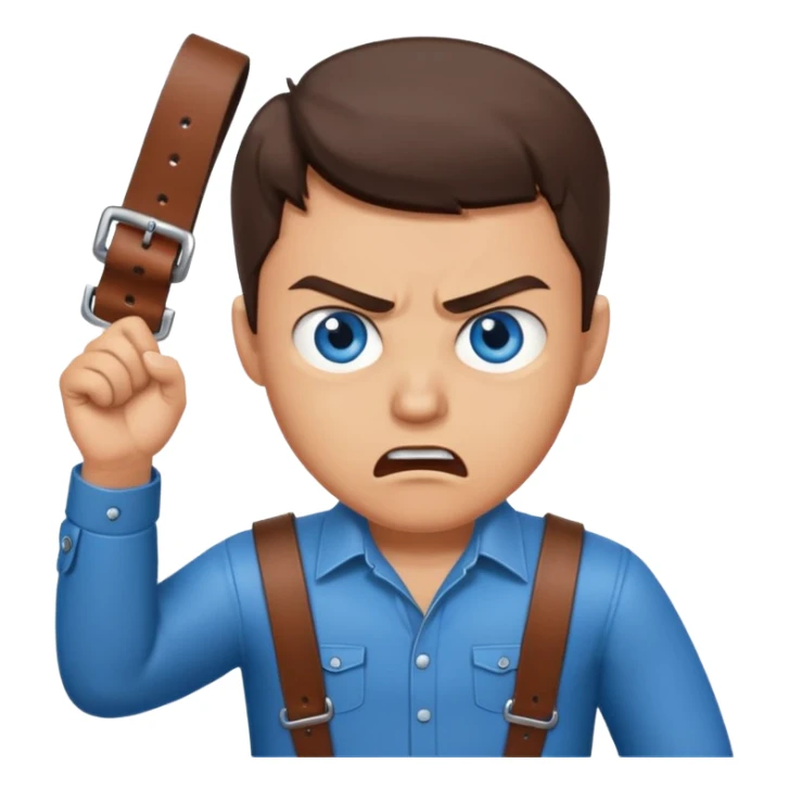 A brunette man with blue eyes, holding a belt in his hand and his expressions look angry sticker