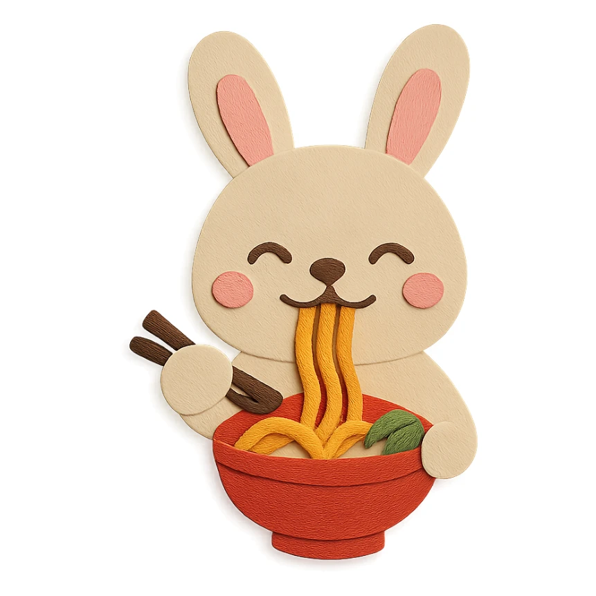 beige bunny happily slurping noodles in paper-craft style sticker