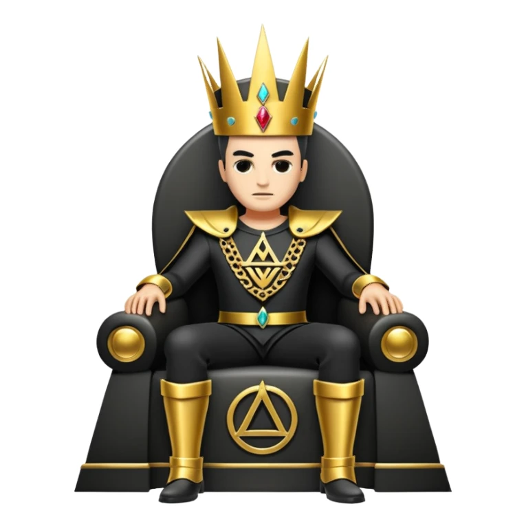 wide big iron black Illuminati throne with gold details and Illuminati symbol sticker