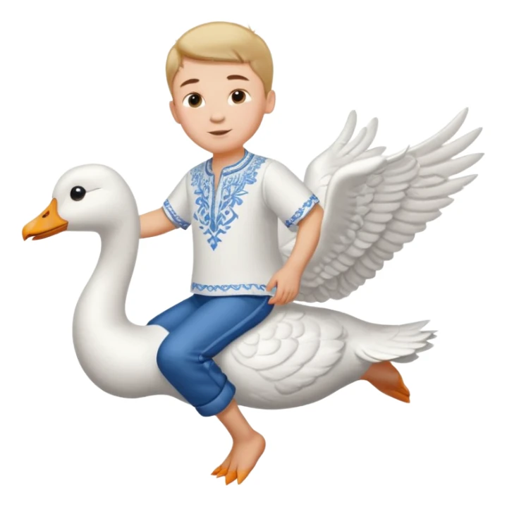 A boy in a Ukrainian white embroidered shirt flies on a white goose sticker