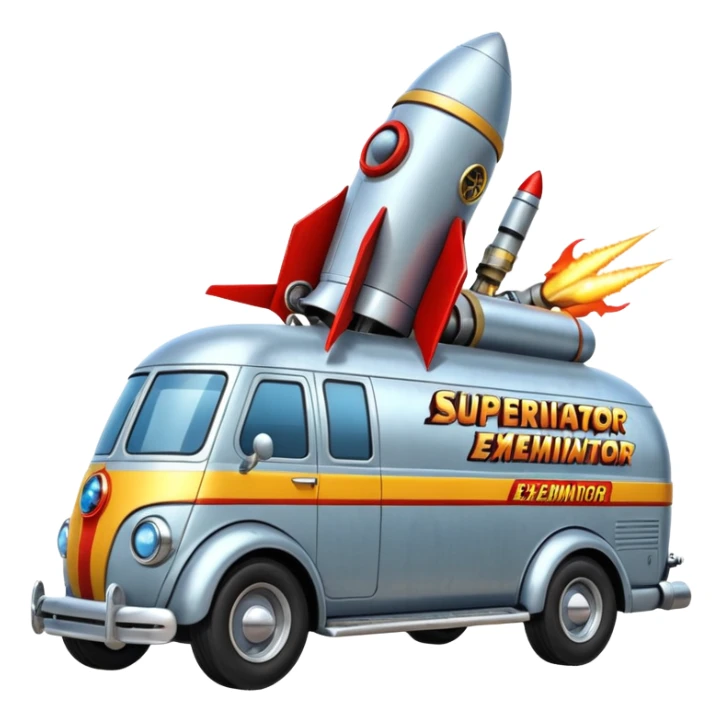 Heroic SuperBug hot rod Ron’s exterminator superminator antique rocket-powered tall robot transit van (motto: bug out rocket Bombing creepy bugs is fun) sticker