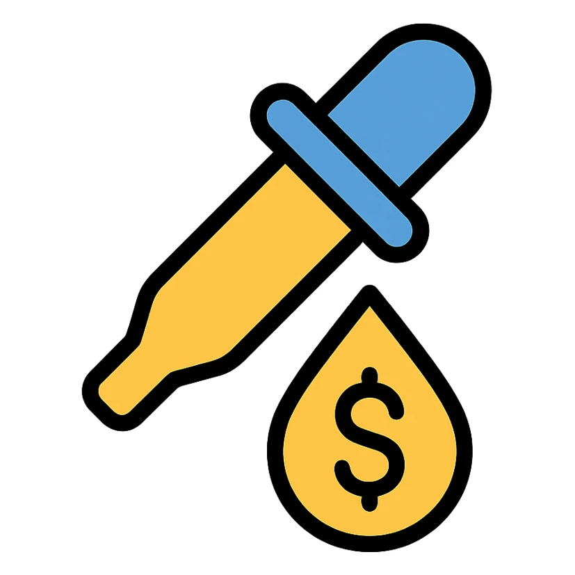 colored icon of a pipette with a golden drop, dollar sign inside the drop sticker