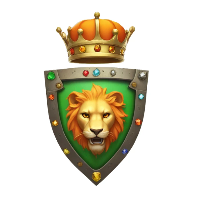 Flag: white left, orange right. Center: shield in the flag with golden crown, colorful gems. Creature in the shield: lion upper, brown; dragon lower, green scales. sticker