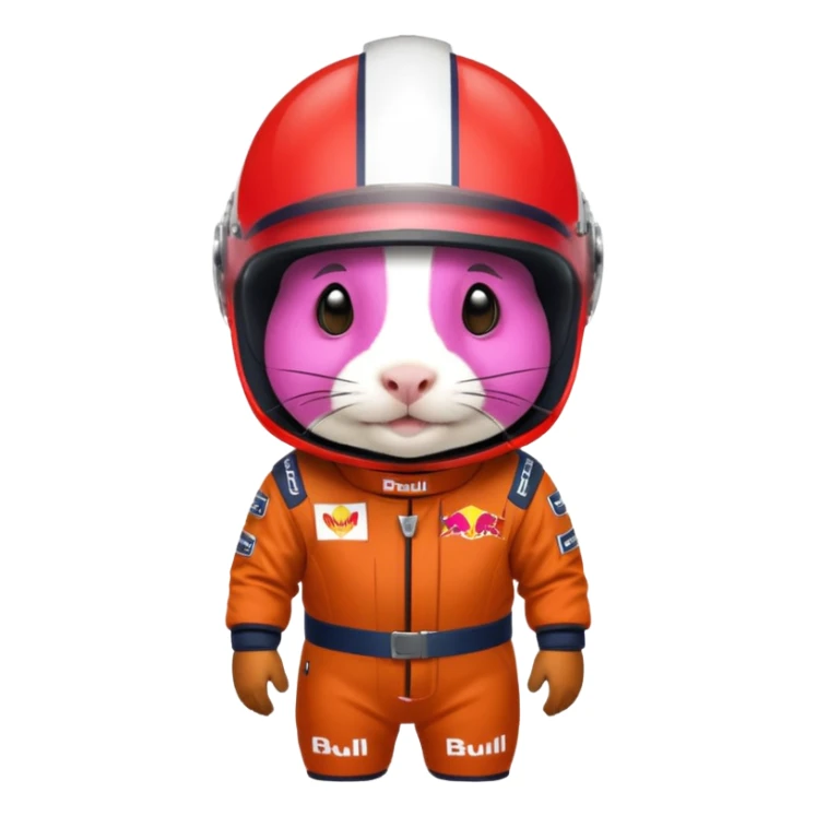 guinea pig with helmet and Red Bull racing suit sticker