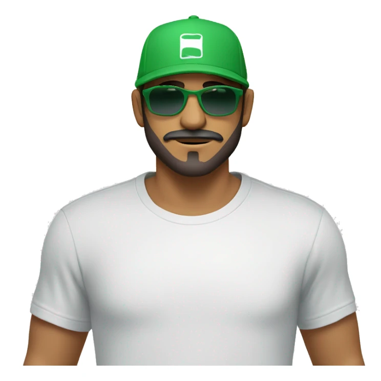 reate a young mixed-race man with a beard and moustache wearing an all-green cap and a white T-shirt. Add the supreme brand logo on the cap, brown eyes and a pair of sunglasses with blue glasses sticker