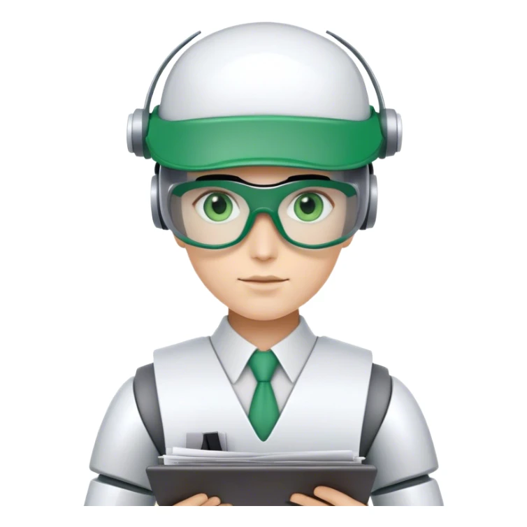 human like robot bookkeeper wearing  accountant Green eyeshade visor  and holding spreadsheets sticker