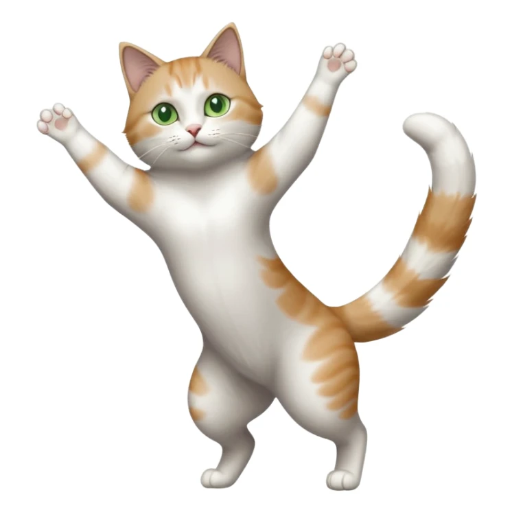grey and white cat with green eyes doing a big extremely long stretch reaching up into the air with arms and legs side by side together straight and overextended sticker