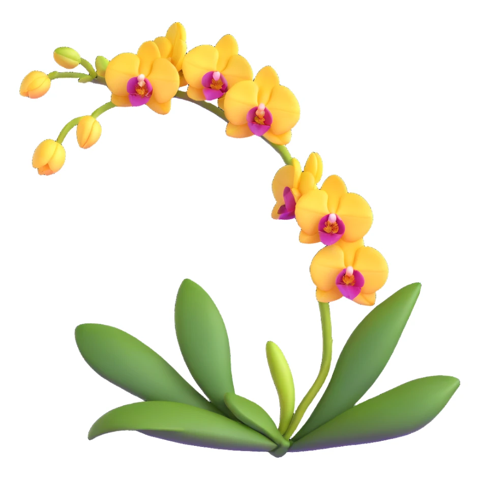 Realistic single orchid stem with multiple flowers arranged along one elegant arching stalk with green leaves sticker