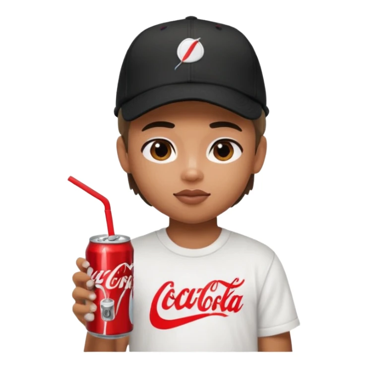generate a pretty bratz boy with a nike black baseball cap, a white tshirt and drinking coke  sticker