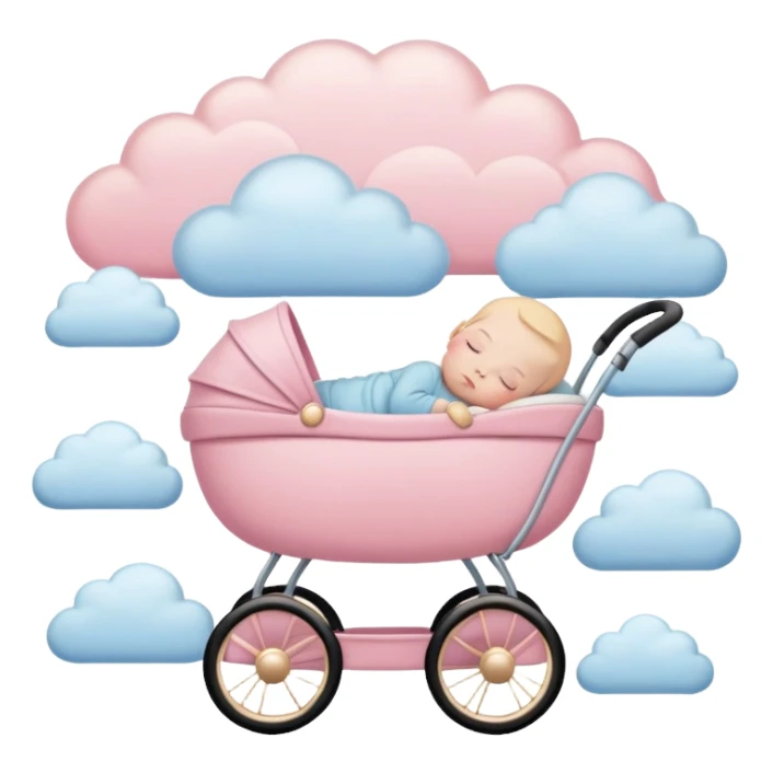 sleeping baby with closed eyes in pink and beige stroller with pastel blue clouds around it sticker