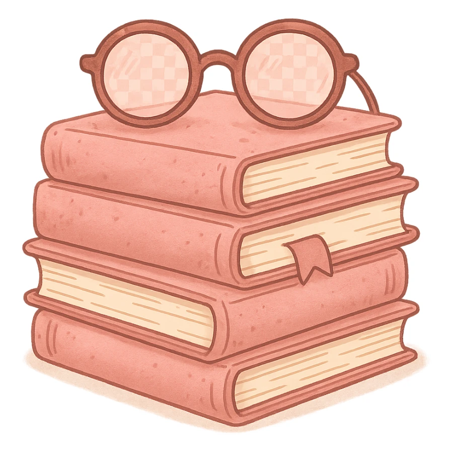 pink cozy stack of books with reading glasses, warm and inviting sticker