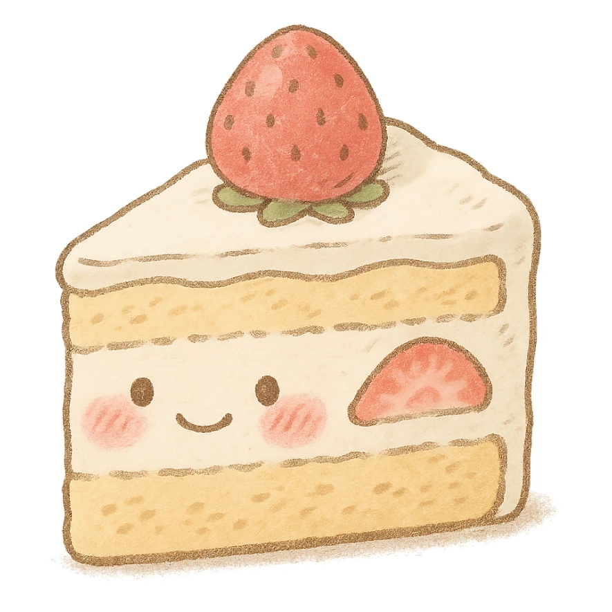 kawaii strawberry cake slice, soft pastel Japanese hand-drawn style, full object, transparent background, with blushing cheeks sticker