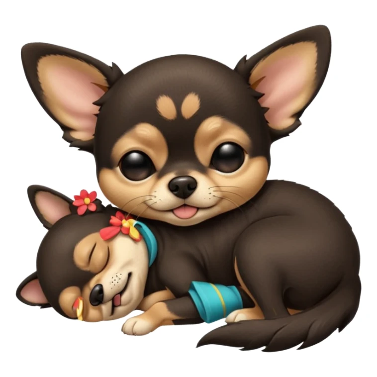 A high-resolution photo-realistic digital illustration of a cute black and tan chihuahua with eyes closed shut sleeping lazily on the ground sticker