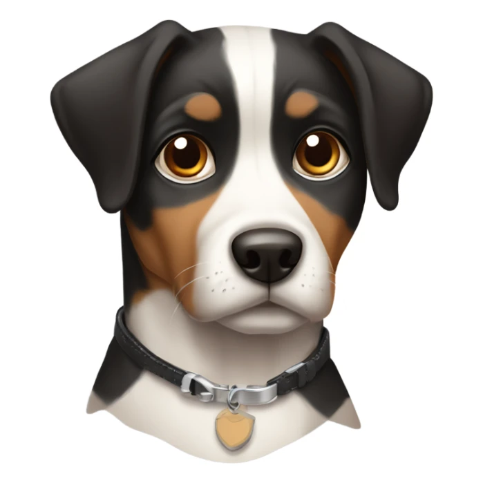 Black white and brown tri colored dog with big eyes wearing a T collar  sticker