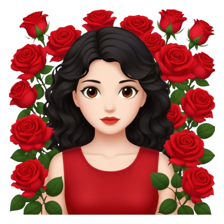 Brown eyes black wavy hair red roses backdrop ted top  sticker