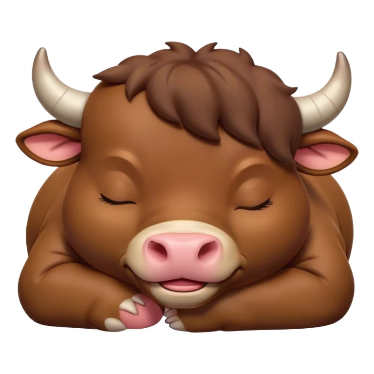 Meme-Worthy Cute Sleeping Brown Bull Portrait Emoji, Head resting peacefully with a contented smile, showcasing a robust, massive build and a luxuriously soft rich brown hide, eyes shut in a serene, restful nap, Simplified yet hilariously adorable features, highly detailed, glowing with a soft, drowsy light, high shine, relaxed and utterly lovable, stylized with an air of playful laziness, bright and heartwarming, soft glowing outline, capturing the essence of a comically sleepy guardian, so meme-worthy it feels like it could instantly become the next viral sensation of adorable slumber! sticker