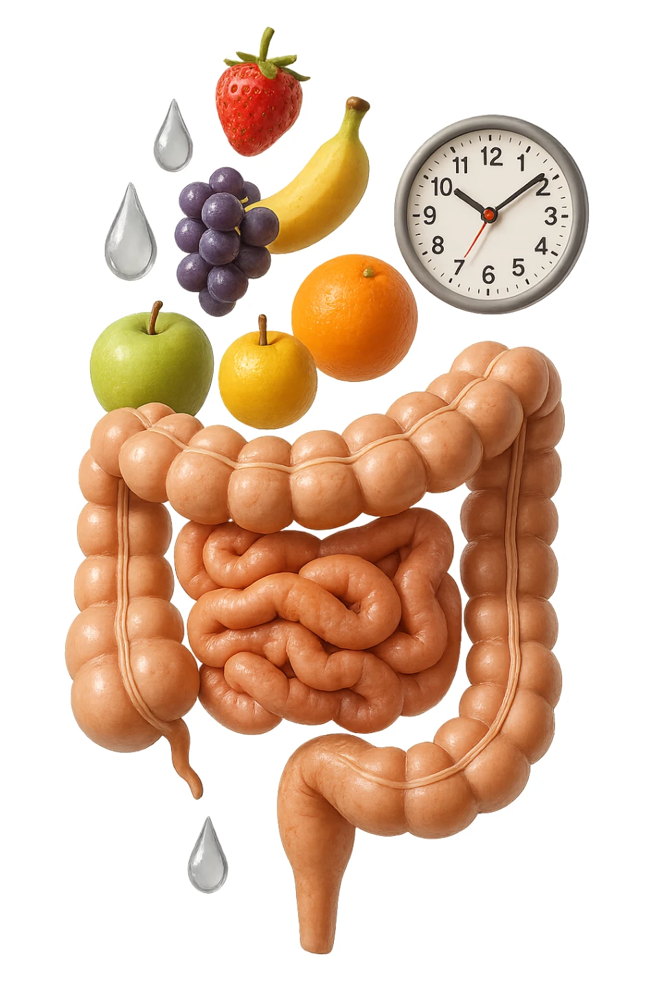 frutta mista cade dall'alto verticalmente insieme a 3 gocce di acqua 3d e un orologio da parete, davanti a questi elementi c'è un intestino umano anatomico iperrealistico sticker