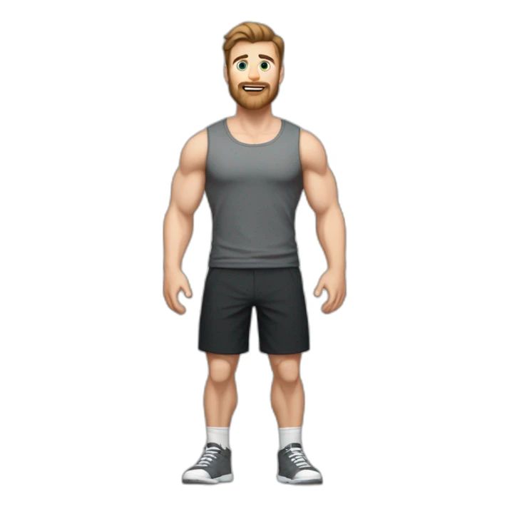 Full height Actively gesturing with hands Pale skinned Fit Man With the biceps and brown hair in dark gray Sleeveless Mike, black oversize sports shorts, watch and white Sneakers sticker