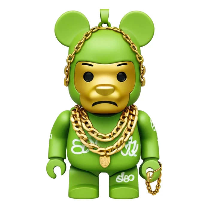 classic bearbrick figure with lime green mask covered in chaotic brand logos, wearing several large gold chains, gold pendant, rapper style accessories, expressive eyebrows sticker