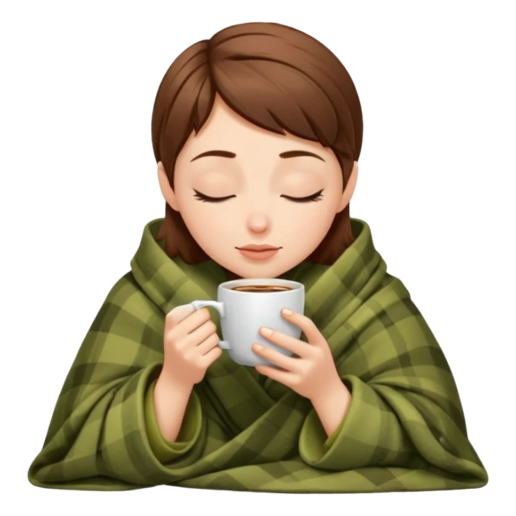 brown-haired pixie white girl inside a blanket sipping coffee eyes closed sticker