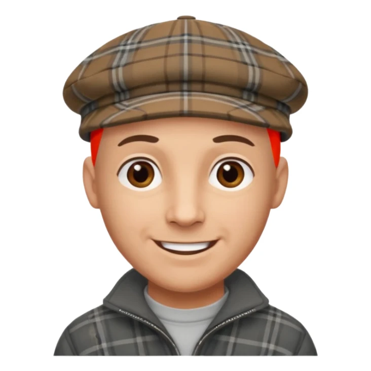 a bald man wearing a grey and brown tratan flap cap looking really hopeful sticker