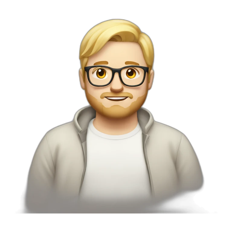 Young chubby white man with straight blond hair, glasses and little beard sticker